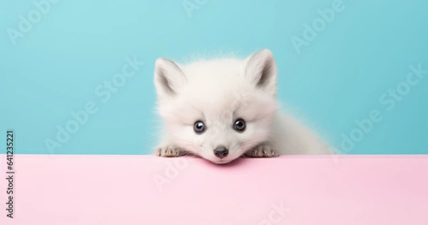 Fototapeta Creative animal concept. Artic Fox peeking over pastel bright background. advertisement, banner, card. copy text space. birthday party invite invitation
