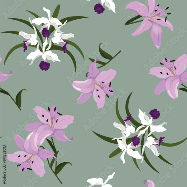 Fototapeta Beautiful lilies and orchids on a gray background. Seamless vector illustration.