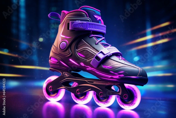 Fototapeta Generative ai retro inline neon roller skates in cyberpunk futuristic background