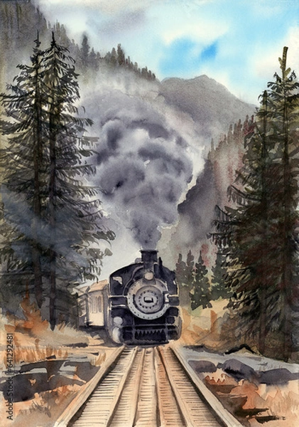 Fototapeta Watercolor painting depicting a steam locomotive riding on railroad tracks among tall pine trees with misty mountains in the background