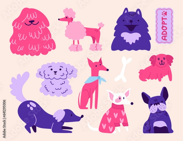 Fototapeta Big vector collection of different dog breeds. Funny cartoon characters.