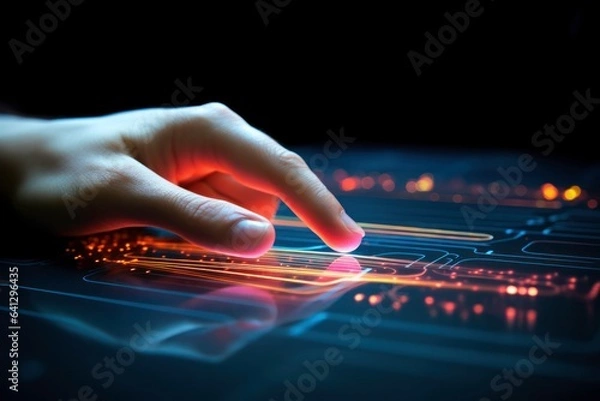 Obraz Human technology interaction, hand touching display.