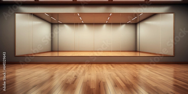 Fototapeta Empty dance studio, wall mirrors reflect the polished wooden floor, barres