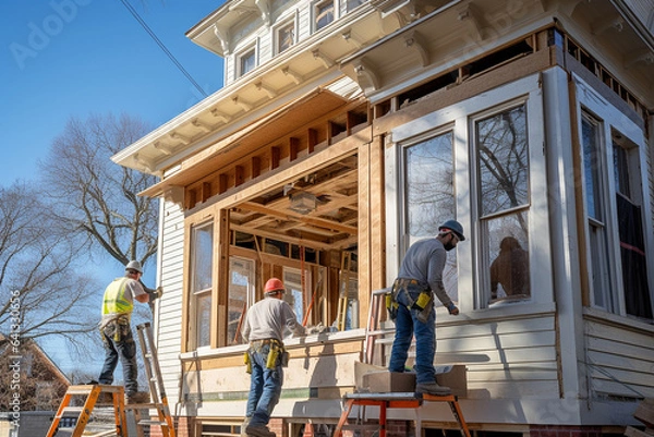 Fototapeta a team of workers is building a house