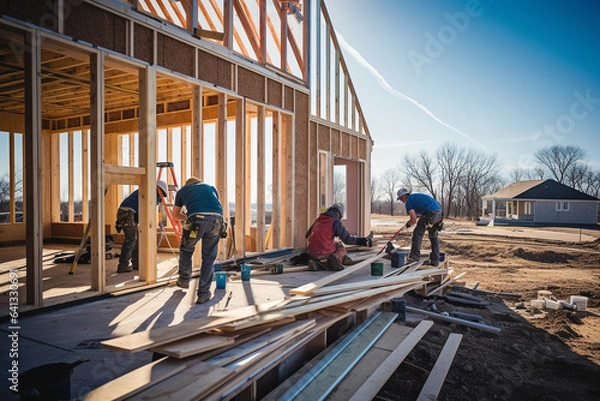 Fototapeta a team of workers is building a house