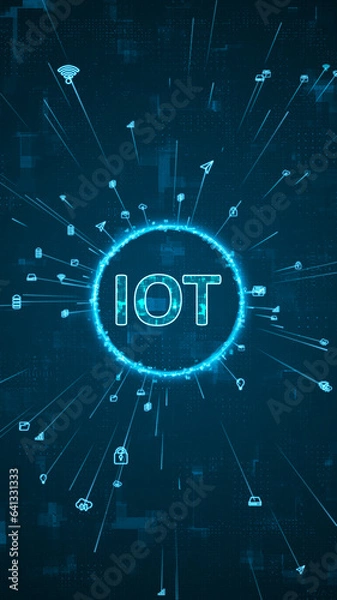 Fototapeta Blue digital IOT logo and ring rotation around logo with ai icon spread and line linked on abstract background with internet of things