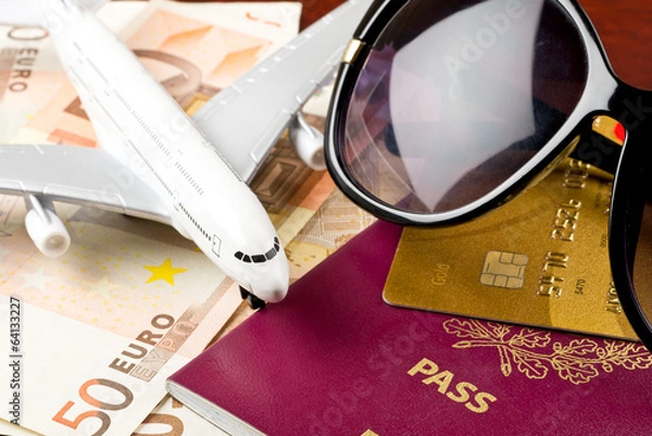 Obraz Money, documents and sunglasses as travel concept