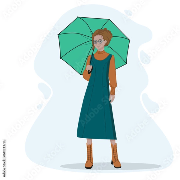 Fototapeta Girl with an umbrella, in the rain. Cartoon illustration in flat style, vector graphic.