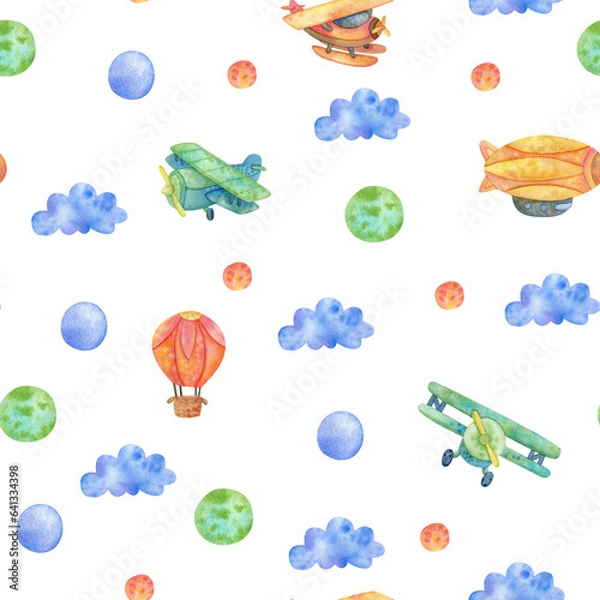 Obraz Watercolor seamless pattern, cartoon planes in the air
