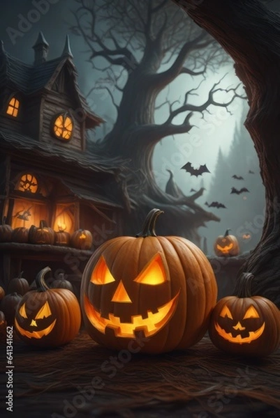 Fototapeta Glowing pumpkin with eyes in the autumn mystical forest. Halloween. Generative AI