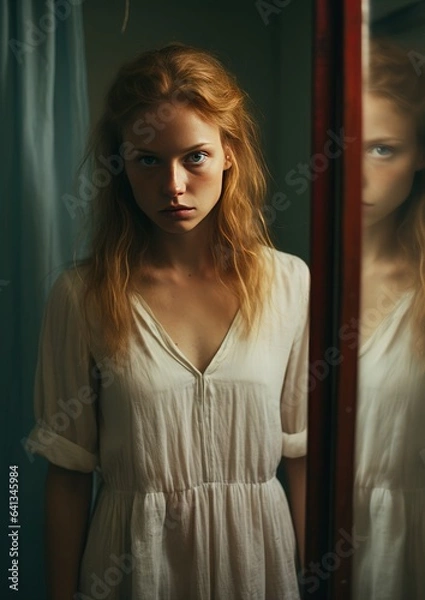 Fototapeta Disappearing Identity concept: A woman stands before a mirror, staring at her reflection but struggling to recognize herself.