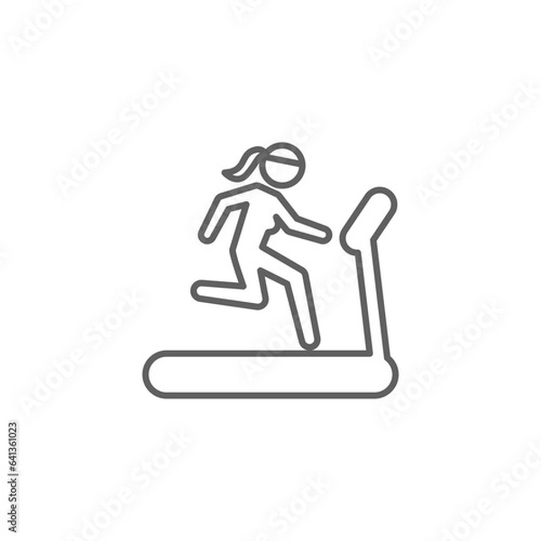 Fototapeta Woman running on treadmill icon. Simple outline style. Run, female, gym equipment, fitness, exercise machine, sport concept. Thin line symbol. Vector isolated on white background. Editable stroke SVG.