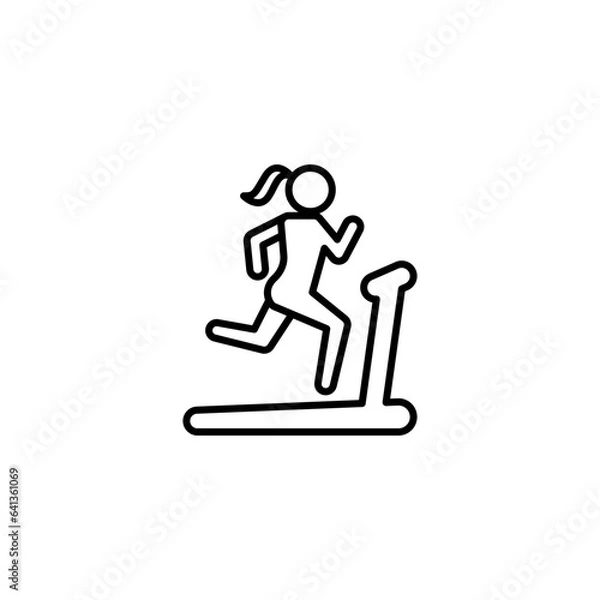 Fototapeta Woman running on treadmill icon. Simple outline style. Run, female, gym equipment, fitness, exercise machine, sport concept. Thin line symbol. Vector isolated on white background. SVG.