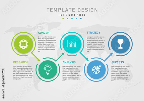 Obraz infographic template 5 step business plan multicolored circles with white icons above Circle border with directional arrows The letters are in the middle. Below is a map gray gradient background