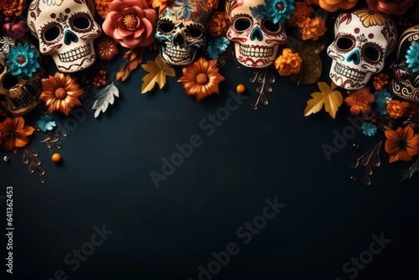 Fototapeta Dia de los Muertos, blackboard with sugar skull ornament and copy space