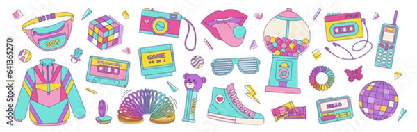 Fototapeta Set of colorful elements 80s 90s, retro badge, emblem, fashionable patch. Vector vintage style illustration