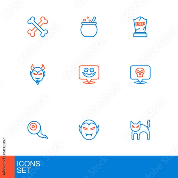Fototapeta Set line Black cat, Vampire, Eye, Skull, Devil head, Happy Halloween holiday, Tombstone with RIP written and witch cauldron icon. Vector