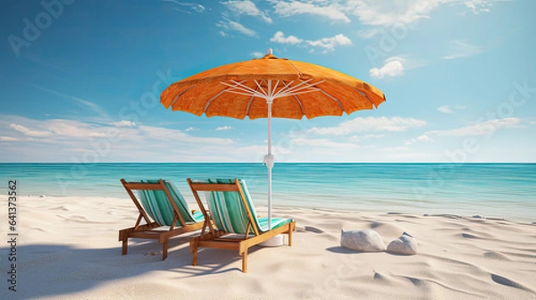 Fototapeta Pair of orange sun loungers and a beach umbrella on a deserted beach; perfect vacation concept