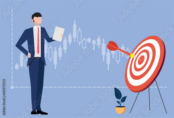 Fototapeta Businessman in a blue suit, with a clear focus and charts in the background. Aim and objective.