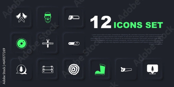 Fototapeta Set Hand saw, Location of the forest, Metallic nail, Waterproof rubber boot, Circular blade, Wooden box, Lumberjack and Tree rings icon. Vector