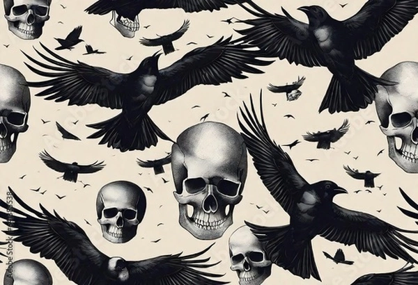 Obraz pattern skull, raven, skull bones. Vector Halloween. illustration
