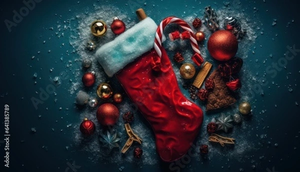 Fototapeta Photo of a festive Christmas stocking surrounded by candy canes and ornaments