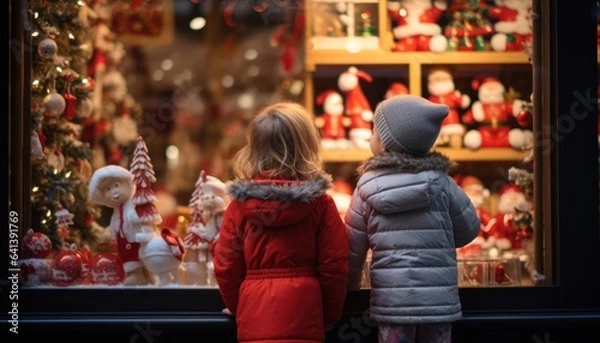 Fototapeta Photo of two children mesmerized by a festive Christmas window display