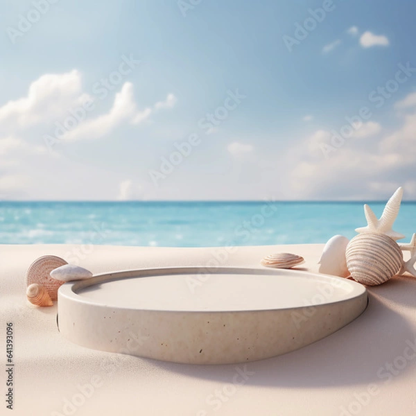 Obraz Minimal round marble podium, Aesthetic summer dais, 3D podium with a premium summer beach background, seaside sand, waves, shells and coconut trees for product showcase, AI generated.