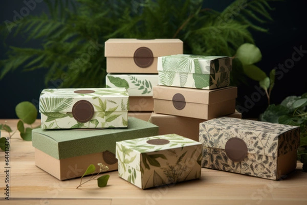 Obraz Cardboard boxes for packaging with botanical print.