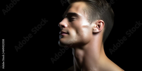 Fototapeta man's strong jawline and neck, emphasizing natural contours against a black background, room for copyspace