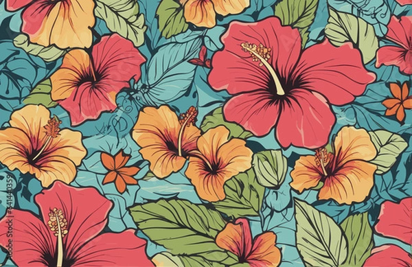 Fototapeta a blue background with pink and yellow flowers, a silk screen maximalism, wallpaper, repeating pattern, made of flower