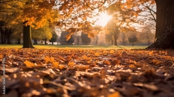 Fototapeta Autumn in the park. Fallen leaves on the ground. Autumn background