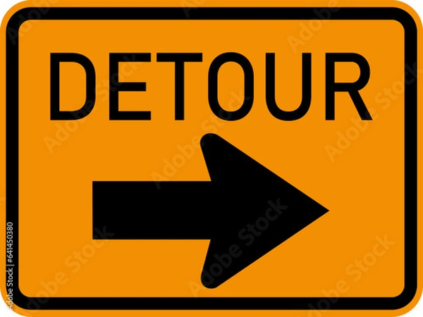 Fototapeta Vector graphic of a usa Detour highway sign. It consists of the wording Detour and an arrow within a black and orange  rectangle