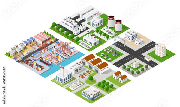 Obraz Isometric port cargo ship cargo seaport at sea with crane container transport