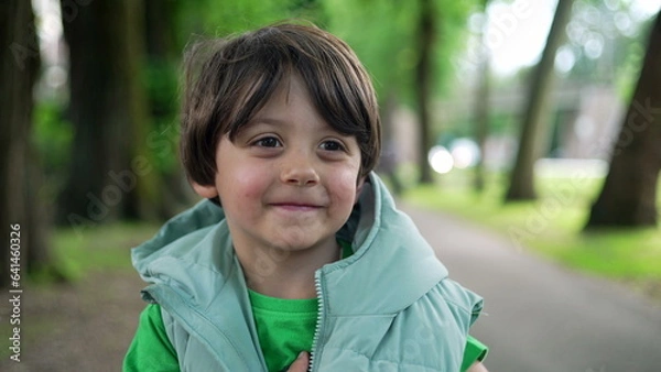 Fototapeta Portrait of a cute little boy standing outside at park smiling at camera and playing with hoodie jacket. Adorable expression