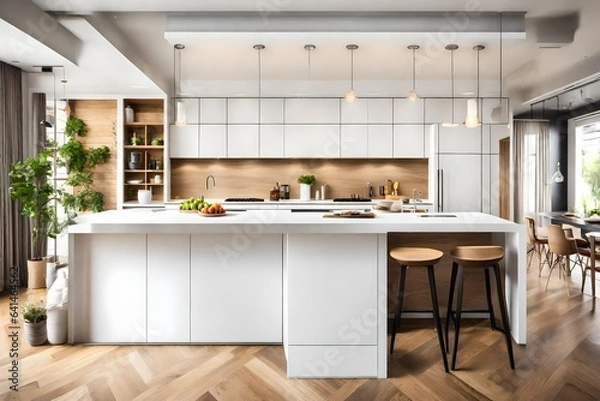 Fototapeta An open-concept kitchen with a white canvas frame for a mockup above the breakfast bar, enhancing the room's inviting atmosphere.
