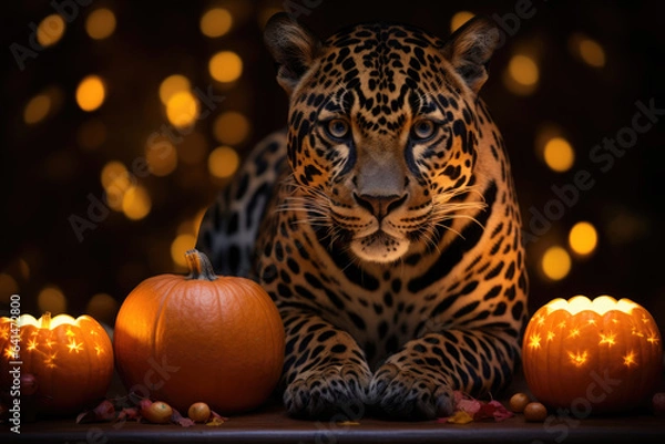 Obraz Jaguar sitting near candles and pumpkins