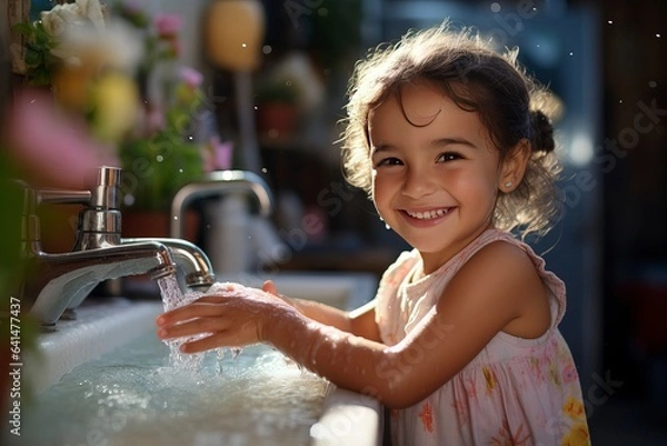 Fototapeta cheerful little child washing his hands, the importance of hygiene,  'generative AI'
