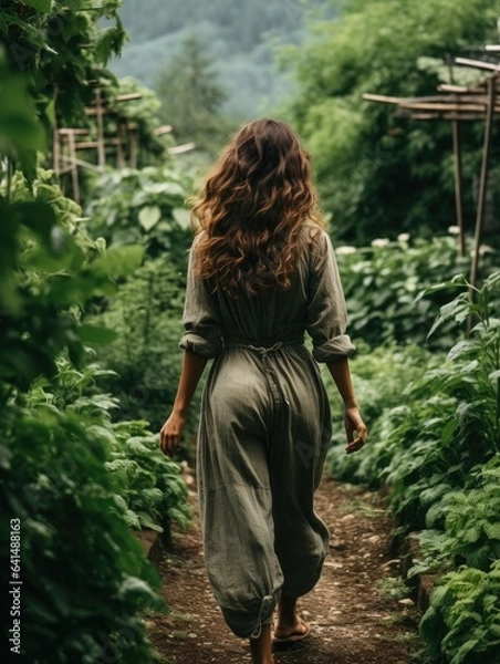 Obraz a woman walking down a path in a garden