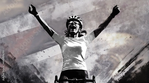 Fototapeta A female cyclist raising her hands in victory. She wears a white jersey, the youth leader of the Giro, Vuelta and Tour de France.
Elements of this image were created using AI generative technology.