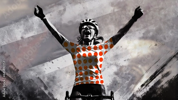 Fototapeta A female cyclist raising her hands in victory. She wears a red polka dot jersey, the climber's jersey of the Tour de France. .
Elements of this image were created using AI generative technology.