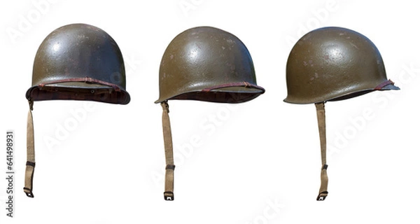 Obraz Vintage World War II United States army helmets at various angles isolated on white