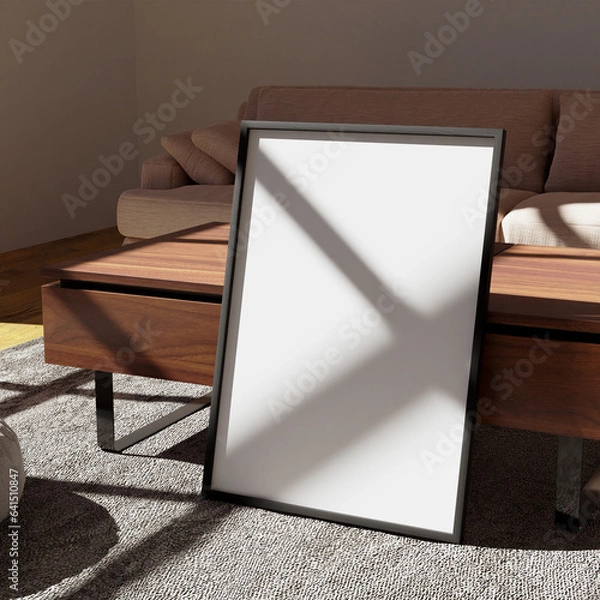 Obraz aesthetic frame mockup poster leaning on the wooden coffee table lit by sunlight in the warm living room