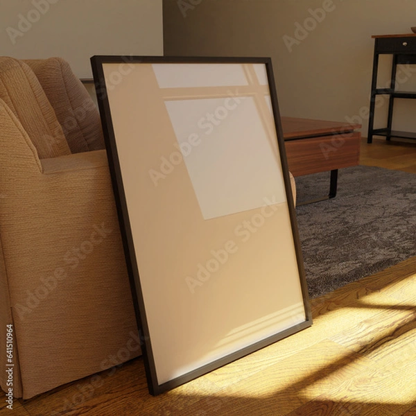 Obraz simple frame mockup poster template leaning on the sofa lit by sunlight with reflection effect in the living room