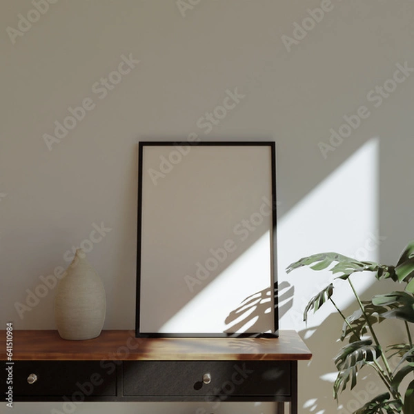 Obraz minimalist aesthetic frame mockup poster template on the table leaning on the white wall