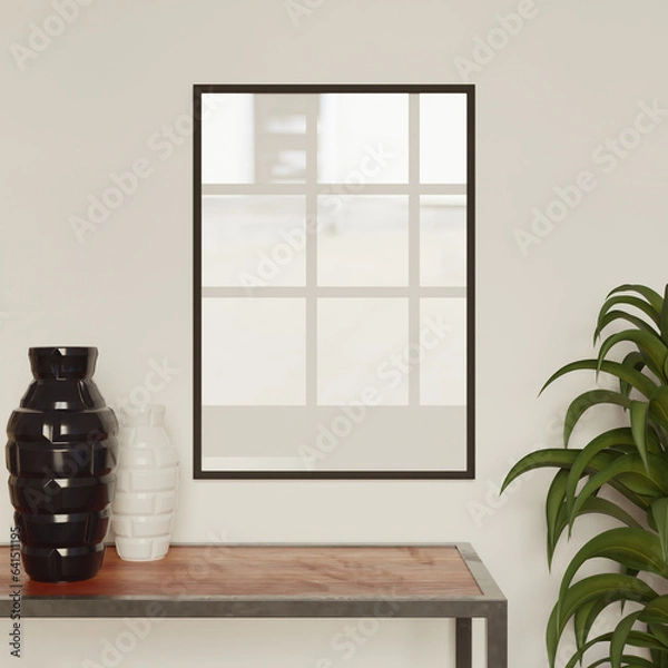 Obraz frame mockup poster template hanging on the wall with black and white vase as decoration