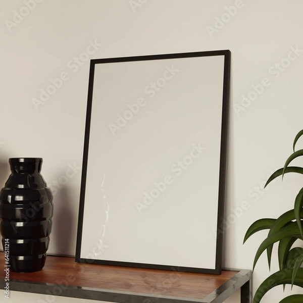 Obraz simple frame mockup poster on the wooden table with black vase decoration and plant