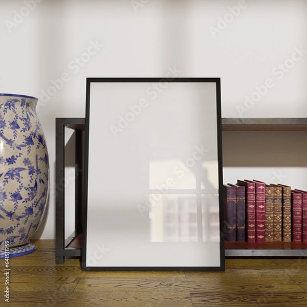 Obraz simple frame mockup poster leaning on the console table with book and vase as a decoration