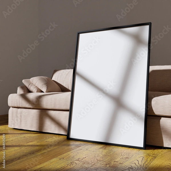 Obraz 70x100 frame mockup poster leaning on the beige sofa light by sunlight. Minimal design in bright interior background.