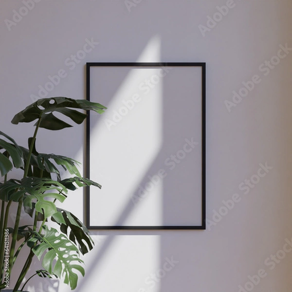 Obraz clean minimalist frame mockup poster hanging on the white wall lit by sunlight with plant decoration